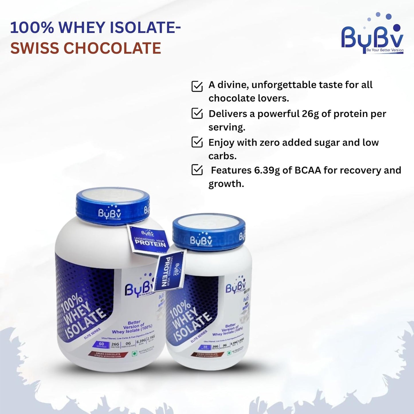 Bybv 100% Whey Isolate | 26 G Protein | 6.39G BCCA | Ultra Filter | Low Carbs | Fast Digestive enzymes
